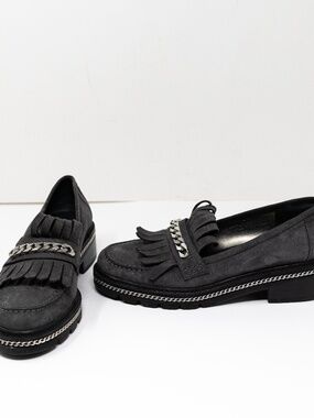 NEW Stuart Weitzman Genuine Suede Leather Chain Link Detail Loafers Shoes Gray